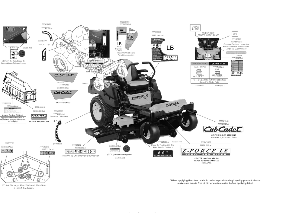Label Map Diagram and Parts List for Z-FORCELE60KH (17ATDAGD009)(2017) Cub Cadet Lawn Tractor